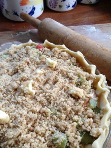 Rhubarb Pie with crumb topping, ready to bake.